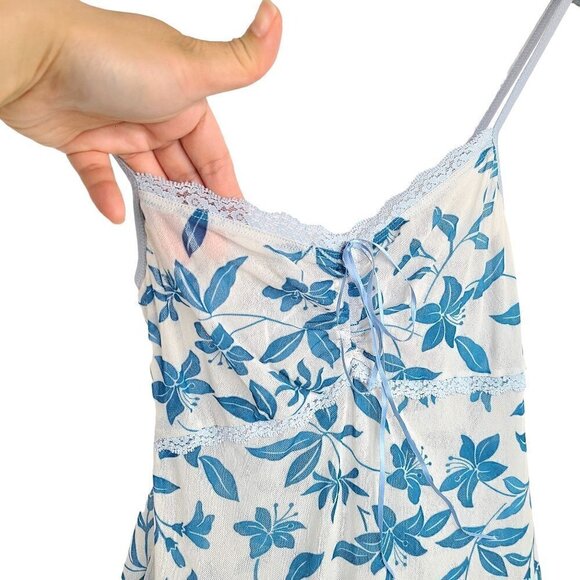 Vintage Eberjey Made in USA Y2K Sheer Blue Floral Mini Cami Dress - Picture 3 of 7